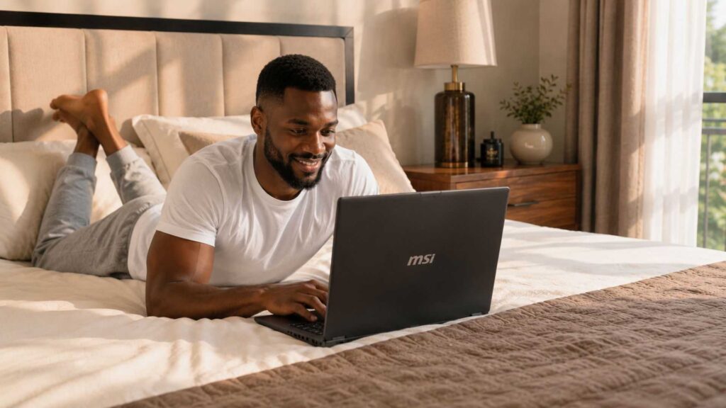 HP Laptop on a Bed